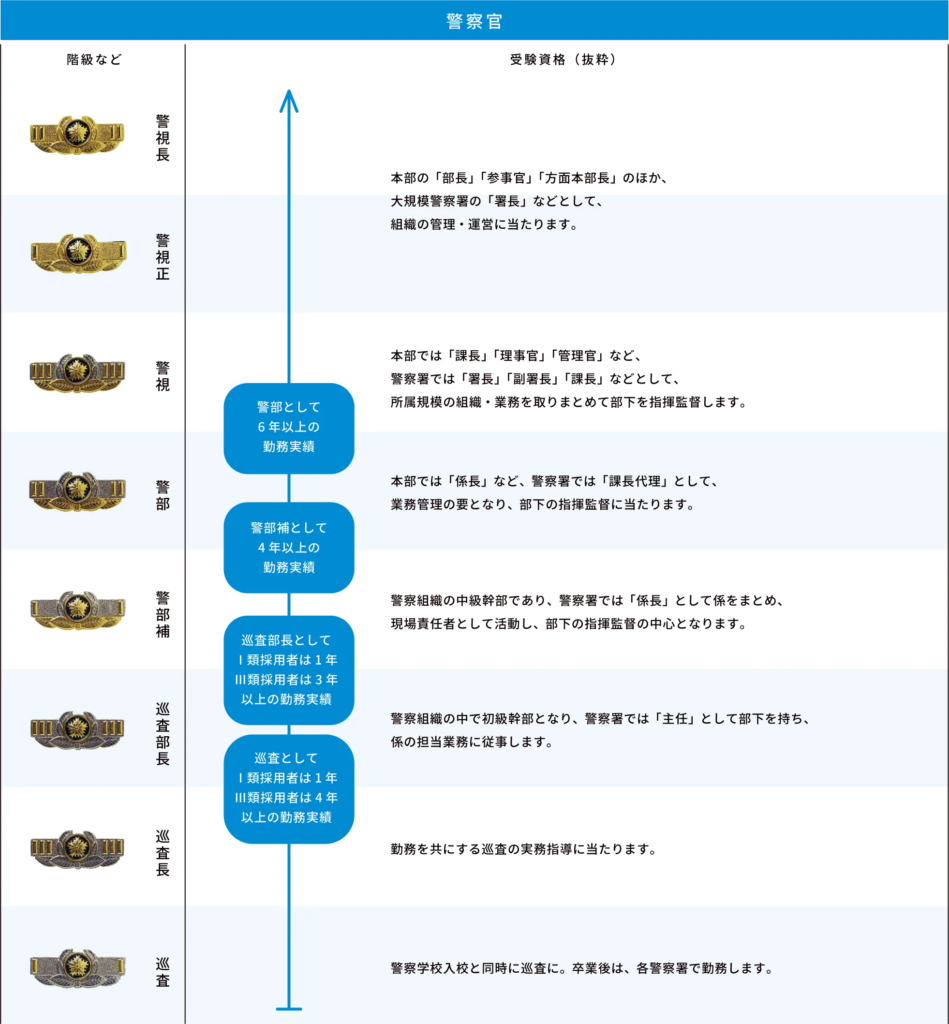 Ⅰ類とⅢ類では巡査部長、警部補になるまでに必要な勤務期間が違う。
Ⅰ類は実力が伴えば、ステップアップがしやすい。